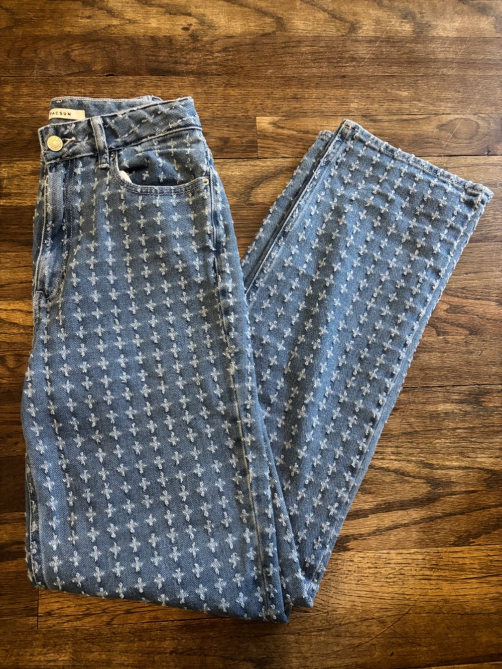 PacSun Blue High-Rise Straight Leg Jeans with All-Over Cross Pattern